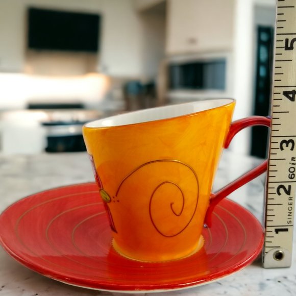 Artistic Porcelain Coffee Mug & Saucer Set, Whimsical Orange-Red Mug-Rhinestones - Picture 11 of 14